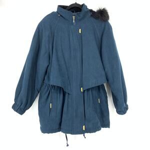 Vintage Y2K IZ Sport Parka Coat Womens Size XL Navy Blue Fox Fur Trim Hood